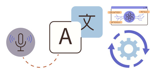 Fototapeta premium Microphone receiving voice input, multilingual text blocks, AI system, and automation gear with arrows. Ideal for translation, linguistics, AI technology, automation, education machine learning