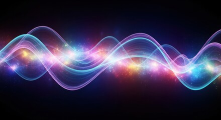 Obraz premium Abstract representation of sound waves with colorful particles and light effects on a dark background