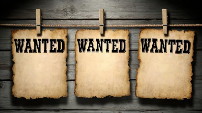 Three blank, burnt-edged wanted posters hang on a rustic wooden wall, each clipped by a clothespin to a horizontal rope.