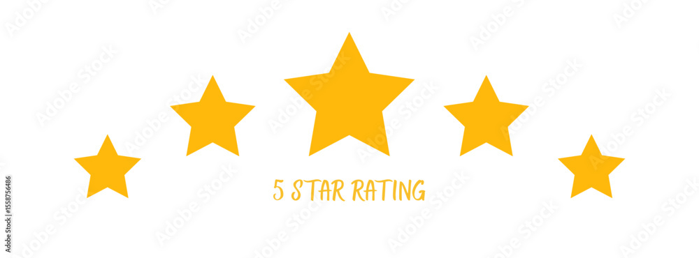 Fototapete Five golden yellow stars arranged in a semi circle with the text five star rating below isolated on transparent background