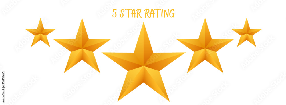 Poster Five golden stars arranged in a row with the largest star in the center and smaller stars on either side signifying a top rating isolated on transparent background
