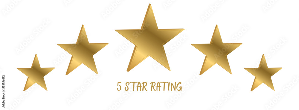 Aufkleber five gleaming golden stars arranged in a curved line with the text five star rating below them isola