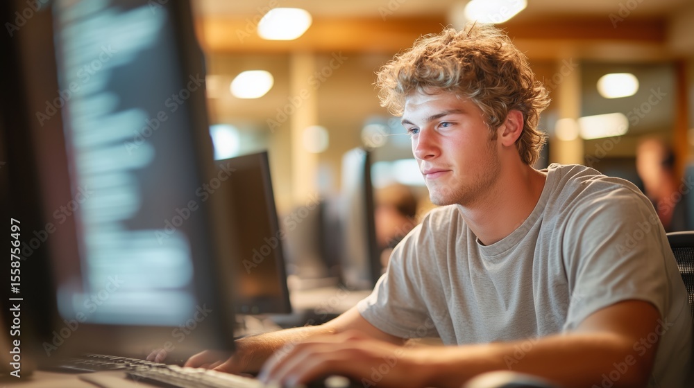 Poster young man focuses on computer work in a vibrant tech workspace during daytime