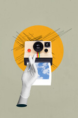 Poster image artwork pop collage of hand holding demonstrate retro camera shooting polaroid cadre...