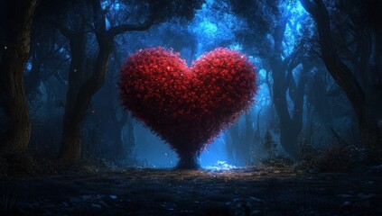 A romantic heart-shaped tree glowing in an enchanted moonlit forest
