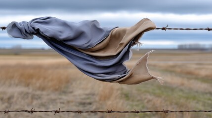 Torn fabric caught on barbed wire in a rural landscape under cloudy skies
