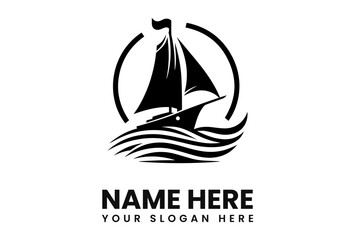 Elegant black sailboat logo design, sailing on stylized waves within a circular frame, ready for branding.