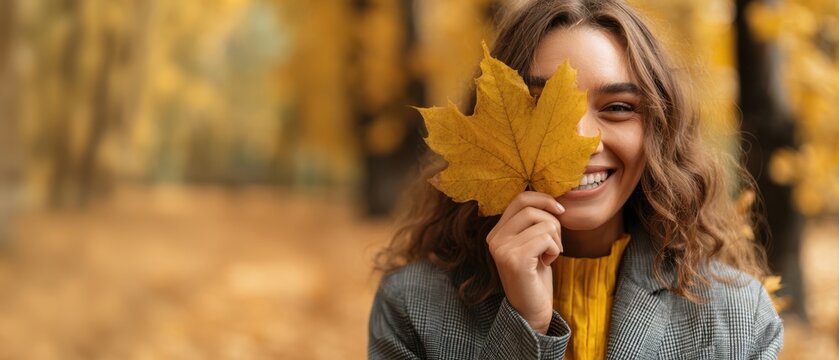 The woman joyfully posing with a vibrant autumn leaf in a sunny park.