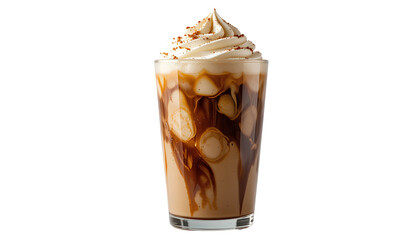 Glass Tumbler of Iced Coffee | Dark Brown Coffee with Swirls of Milk and Caramel Cream isolated on transparent background 