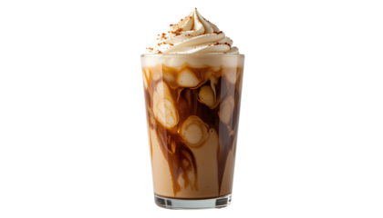 Glass Tumbler of Iced Coffee | Dark Brown Coffee with Swirls of Milk and Caramel Cream isolated on transparent background 