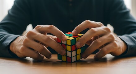 Hands manipulating a colorful puzzle cube on a wooden table, symbolizing problem-solving and mental challenge.