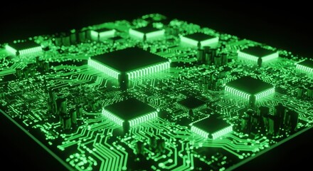 Obraz premium Futuristic Green Circuit Board with Glowing Microchips and Complex Connections Technology Abstract