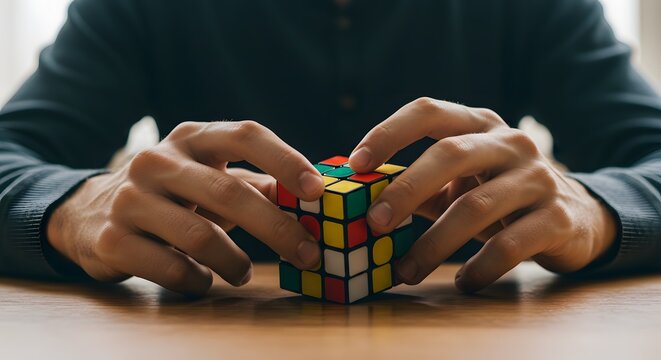 Hands manipulating a colorful puzzle cube on a wooden table, symbolizing problem-solving and mental challenge. - Powered by Adobe