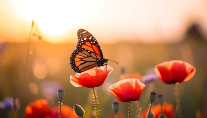 Butterfly on poppy flowers at sunset