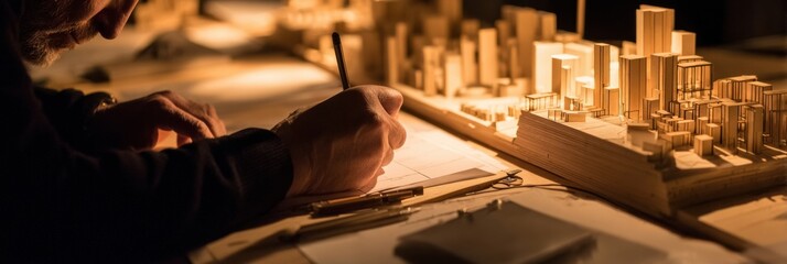 Naklejka premium Architect Sketches a Detailed Architectural Model in Warm, Inviting Light While Working Diligently at a Desk in a Cozy Workspace