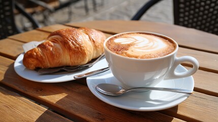 Golden Croissant and Creamy Cappuccino on Wooden Table at Outdoor Cafe