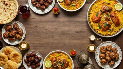 Delicious middle eastern cuisine: vibrant dishes of rice, bread, and appetizing kebabs