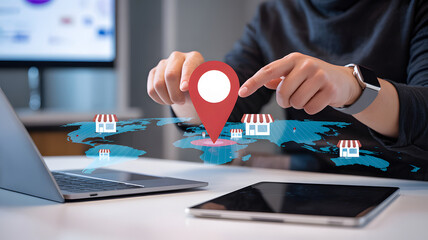 Exploring global business expansion with digital map and location pinpoint, a concept of global marketplace and franchise opportunities.
