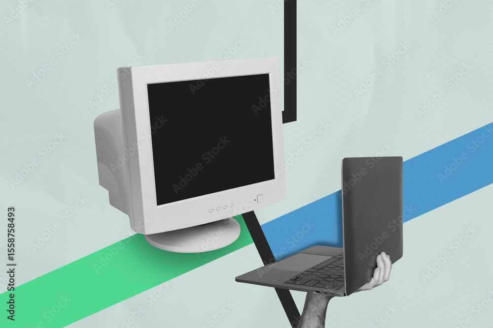 Poster sketch template design photo collage of hand hold laptop computer monitor obsolete online programmer