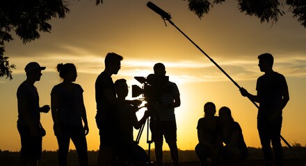 Film Crew Silhouette at Sunset: Behind the Scenes