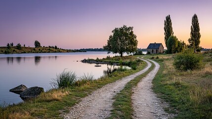 Serene rural landscape at dawn by a tranquil lake.