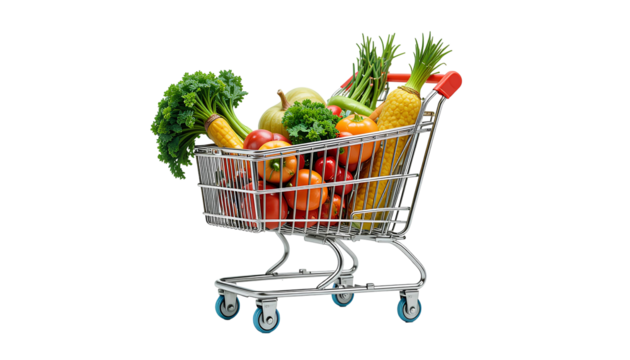 Shopping Cart Filled with Fresh Vegetables | Grocery Market Produce Photo isolated on transparent background