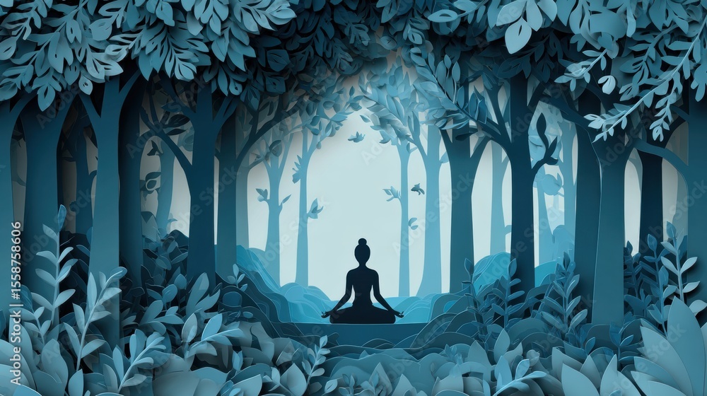 Poster Meditating Figure in Serene Paper-Cut Style Forest Setting Surrounded by Rich Foliage and Gentle Light