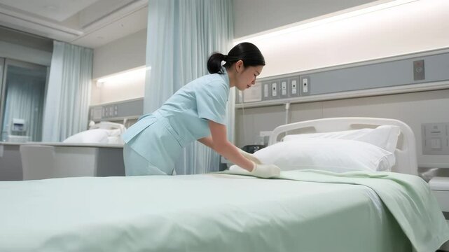 病室でベッドメイクする日本人看護師