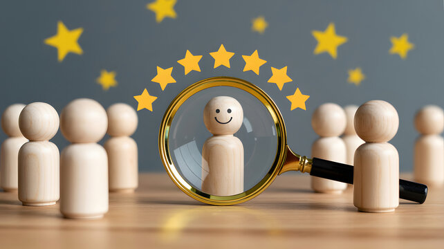 Wooden figures under magnifying glass with stars depict hiring process or customer service excellence for business success and positive reviews.