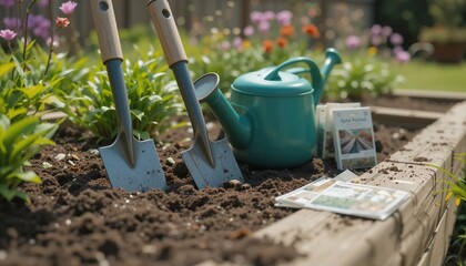 Gardening tools and watering can arranged neatly in a vibrant vegetable garden