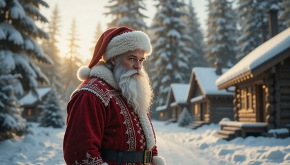 Fototapeta premium Santa Claus in Traditional Attire Walking Through Snowy Ukrainian Village