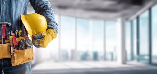 The construction worker holding a yellow helmet and tools in a modern workspace.