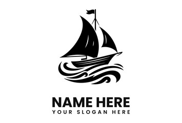 Black and white graphic of a sailboat sailing on stylized waves, with placeholder text below.