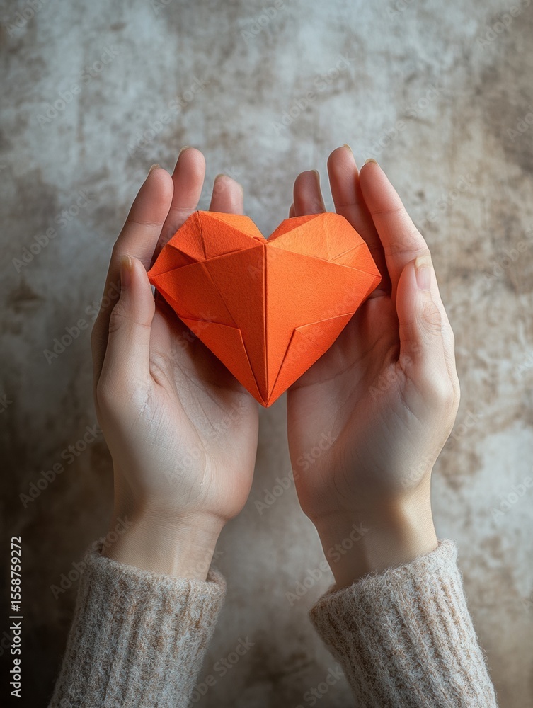 Poster handcrafted origami heart held delicately between two hands creating a warm connection with soft sha