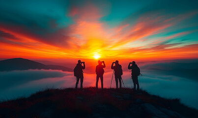 Silhouetted Hikers Capture Fiery Mountain Sunset