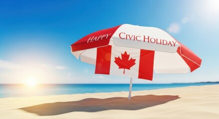 Celebrate Civic Holiday on a Sunny Beach with Canadian Flags and Refreshing Umbrella