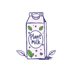 Plant milk carton hand drawn illustration. Vegan non dairy drink in a package. Isolated doodle sketch for healthy lifestyle and diet concepts
