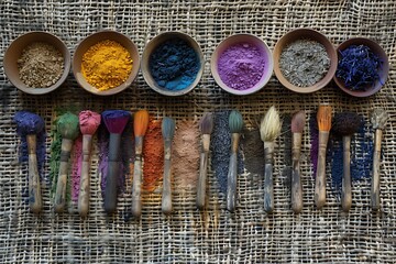 Rustic paintbrushes beside natural color bowls high resolution picture