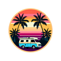 Retro camper van parked under palm trees during a vibrant sunset on a tropical beach