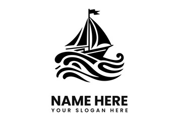 Stylish sailboat logo design, sailing on stylized waves, black and white minimalist graphic.