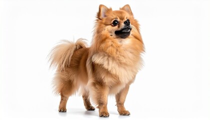 A fluffy Pomeranian dog with a voluminous cream coat looking up with wide sparkling eyes isolated on a solid white background