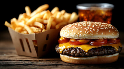 Juicy cheeseburger with fries and iced tea appetizing food photography