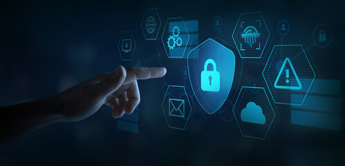 internet security shield with padlock on touchscreen, digital and cyber security concept with icons,  cybersecurity