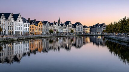 Obraz premium Colorful buildings reflect on calm water at twilight.
