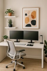 Bright home office with dual monitors showing orange sunset gradient.