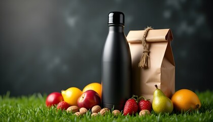 A black water bottle, a brown paper bag, and various fruits and nuts on a grassy surface