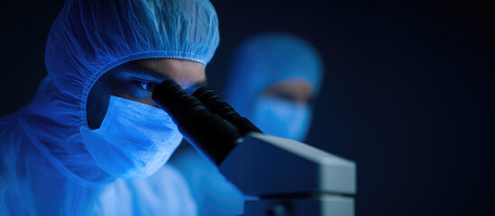 Scientist in protective gear examines a sample under a microscope, with another scientist in the background. Scientific research, laboratory work
