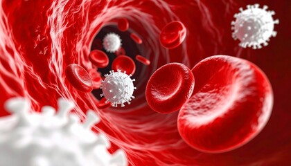 Fototapeta premium Realistic 3D Microscopic Visualization of Red and White Blood Cells Flowing Through a Vessel with Textured Membranes, Schematic Overlays, and Medical Infographic Detailing