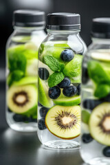 Three bottles of infused water contain kiwi slices, blueberries, and mint leaves. Fresh fruit and mint infusion for a refreshing drink