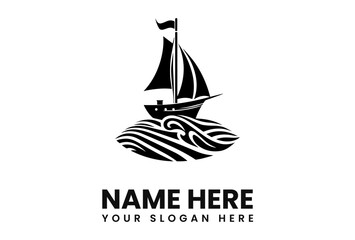 Silhouette of a sailing ship on stylized ocean waves, a logo design template.